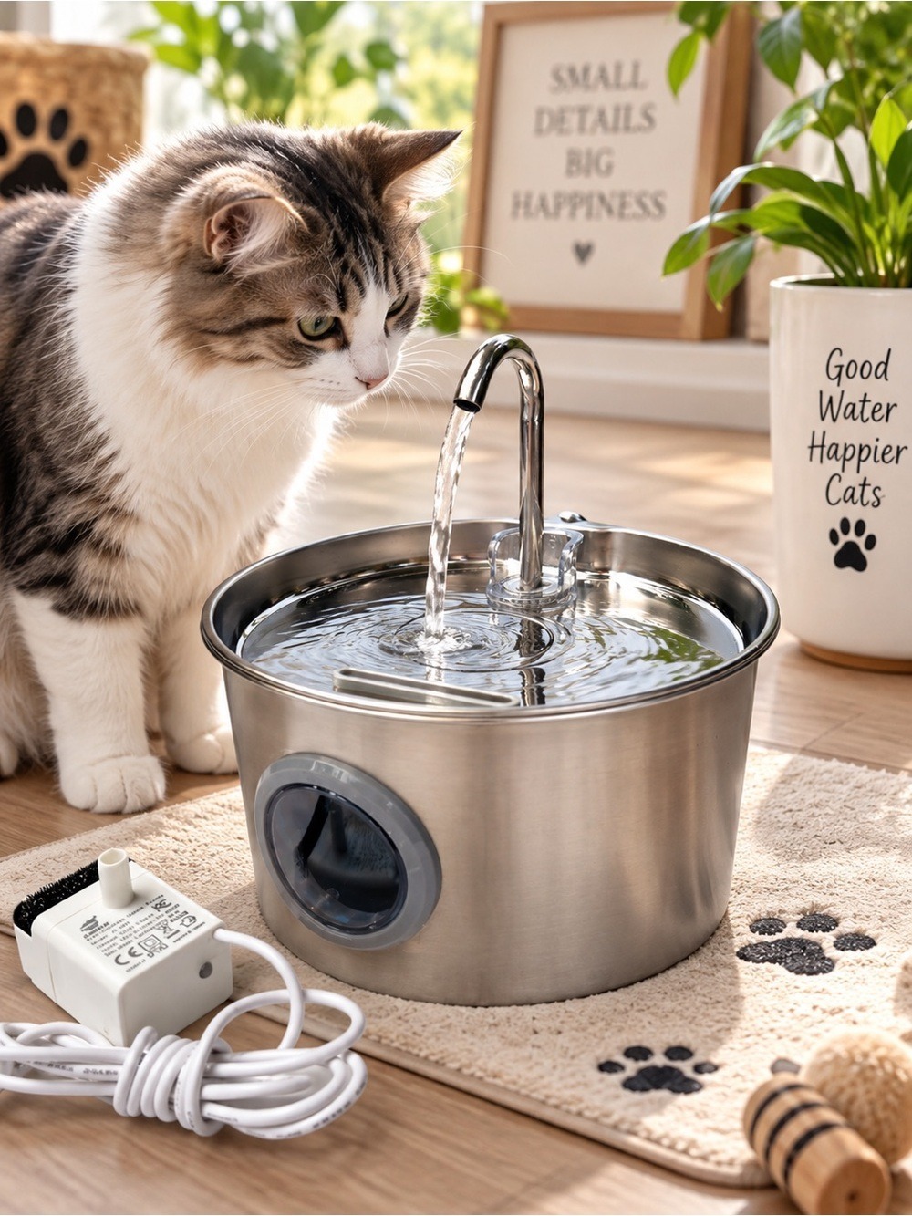 Stainless Steel Cat Water Fountain Bowl with Pump & Faucet